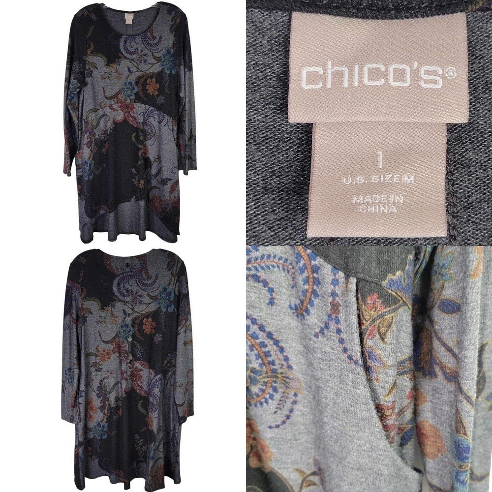Chicos Tunic Shirt Womens 1 US M Gray Floral LS Longline Pockets Art To Wear
